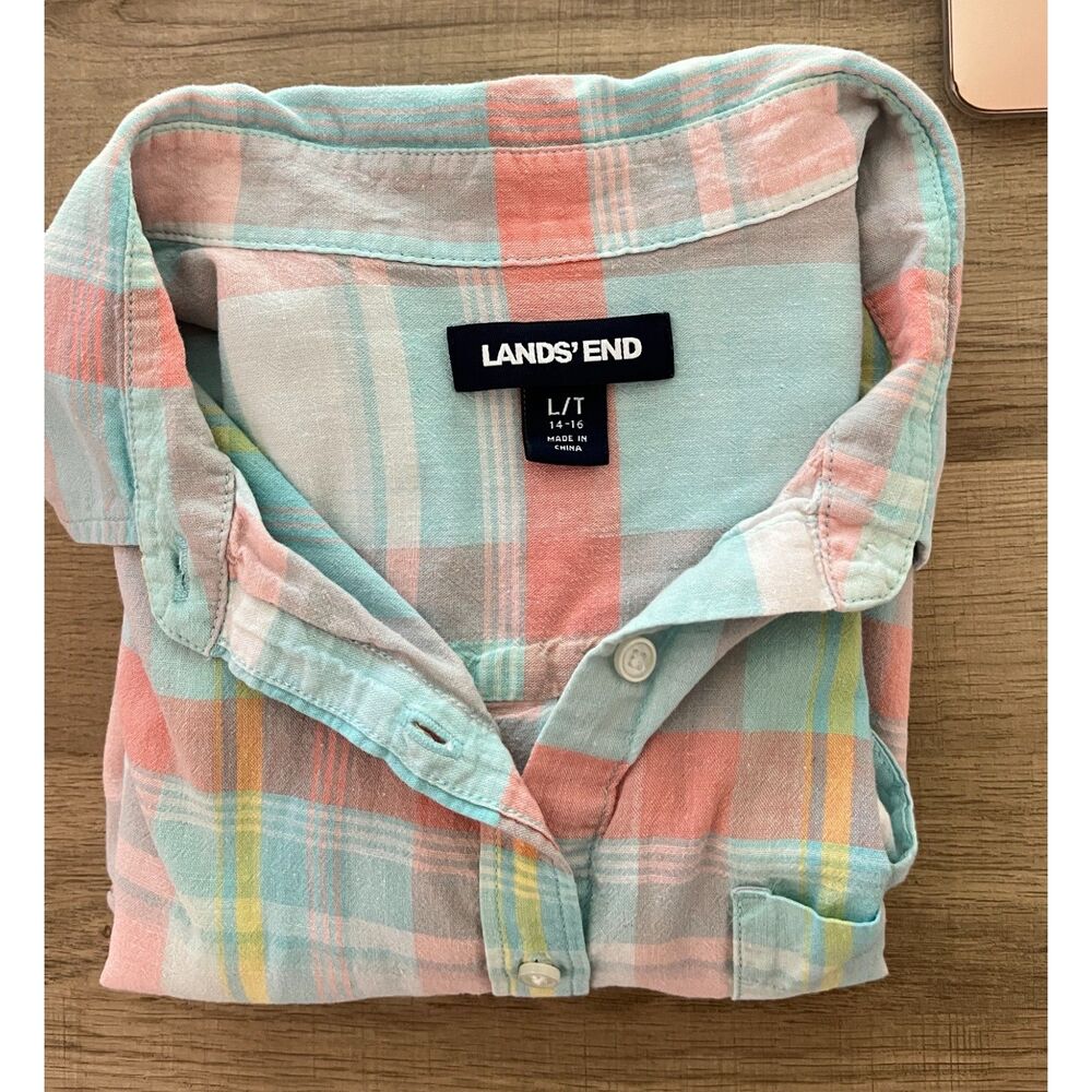 Lands' End Linen Blend Long Sleeve Button-up Plaid Shirt Size Large/T Pastel - Picture 6 of 6